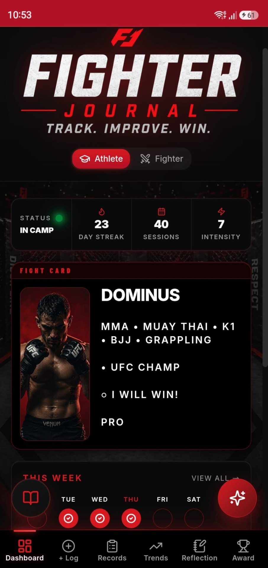 Fighter Journal dashboard