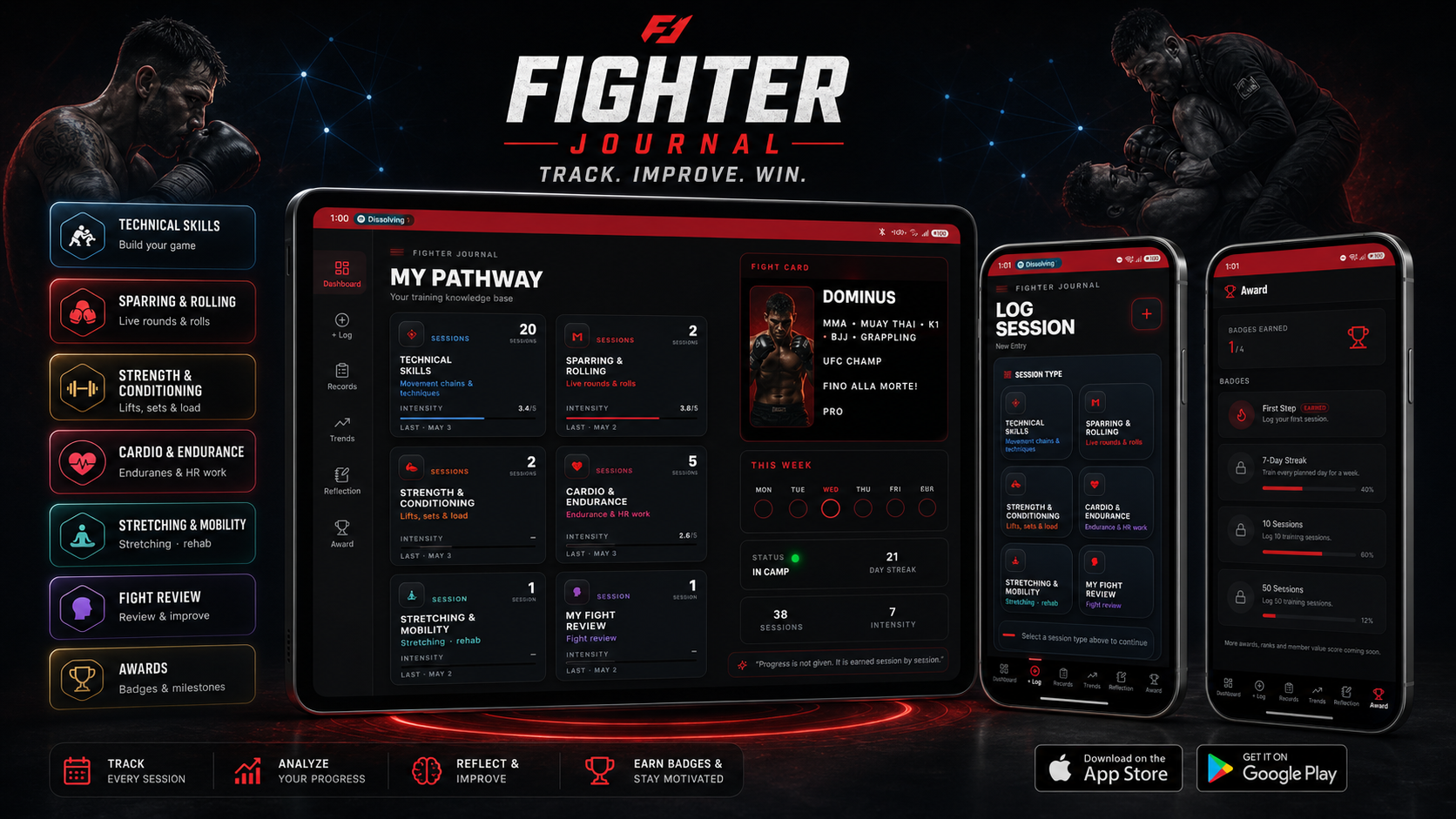 Fighter Journal showcase across tablet and phone — pathway, log session, awards